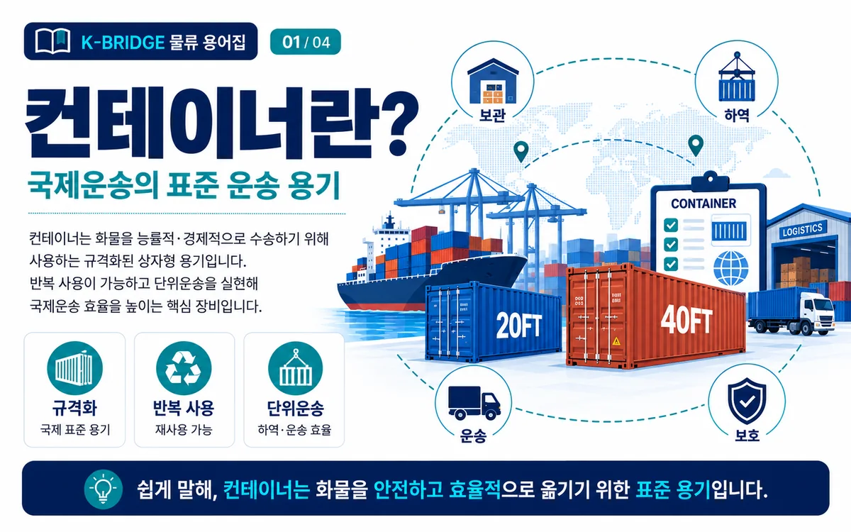 컨테이너란 무엇인지와 국제운송 표준 용기 개념을 설명하는 인포그래픽