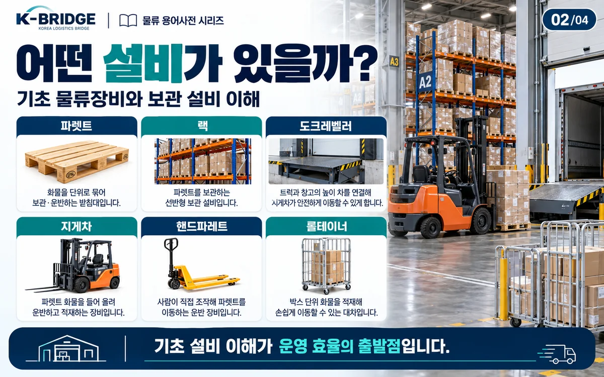 파렛트 랙 도크레벨러 지게차 핸드파렛트 롤테이너 기초 물류설비 인포그래픽
