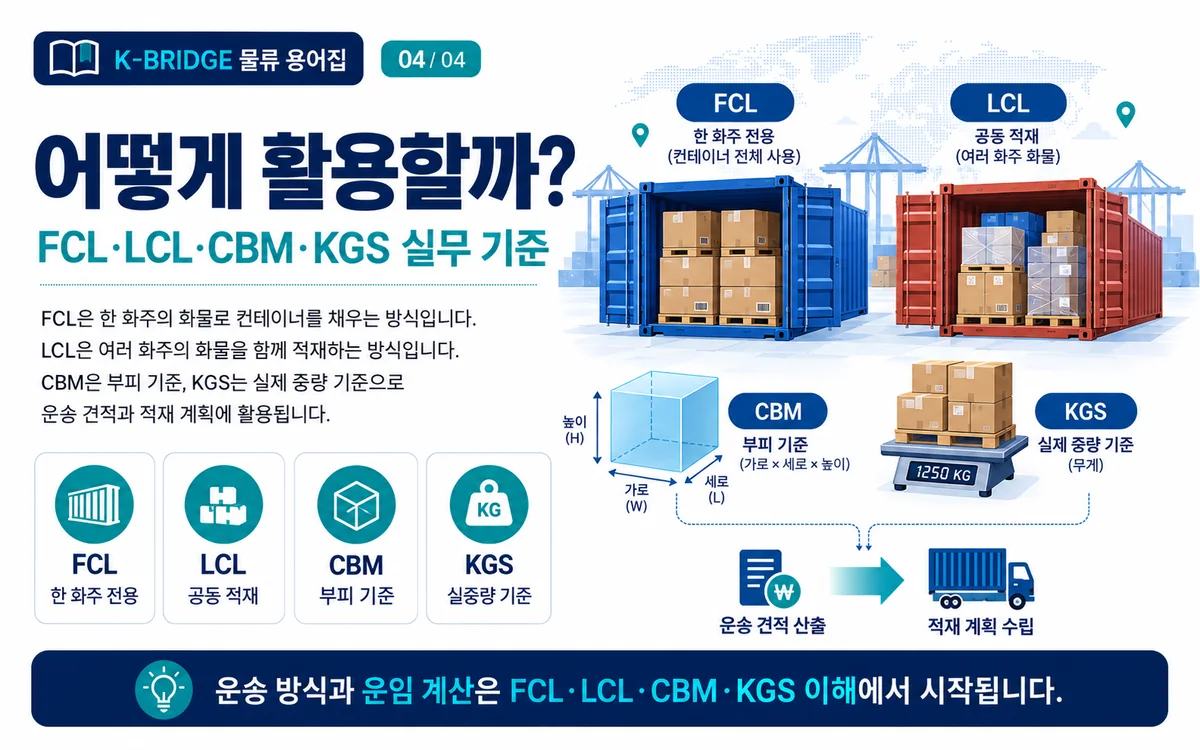 FCL LCL CBM KGS 개념과 운송 견적 적재 계획 실무 활용을 설명하는 인포그래픽