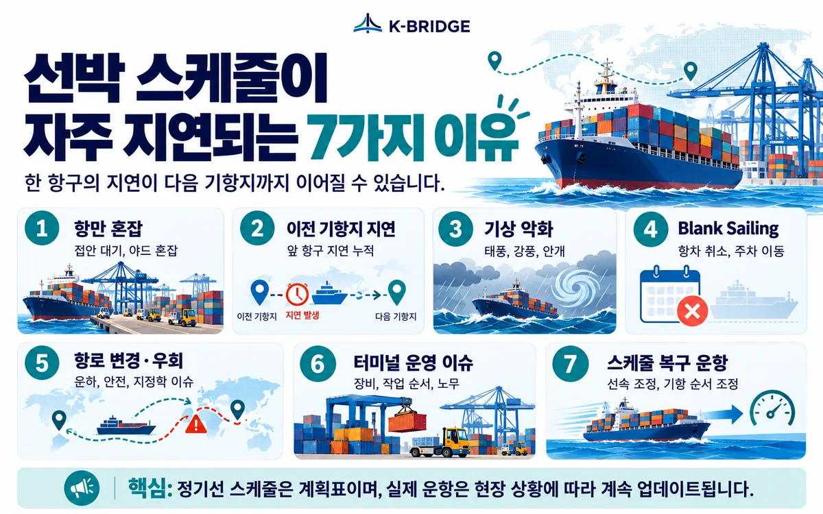 항만 혼잡 이전 기항지 지연 기상 Blank Sailing 항로 변경 터미널 이슈 스케줄 복구 등 선박 스케줄 지연 7가지 이유
