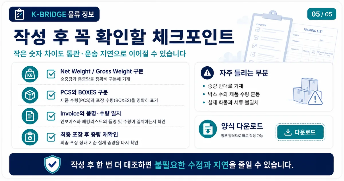 패킹리스트 작성 후 체크포인트와 양식 다운로드 안내 카드