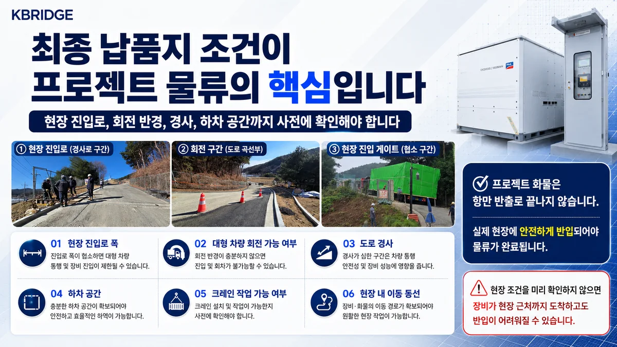 ESS 프로젝트 현장 진입로 폭 경사 회전 반경 지반 하차 공간 검토 비주얼 카드